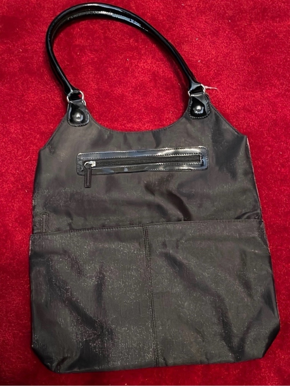 Black Nylon Tote Bag with Patent Trim